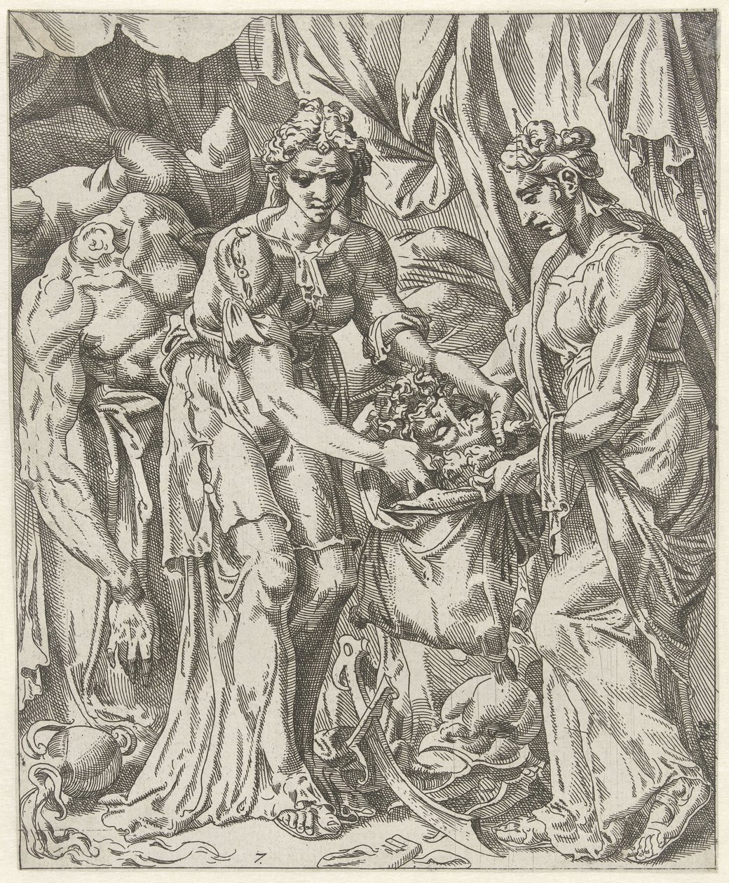 Judit wkłada głowę Holofernesa do worka Judit i Holofernes (tytuł serii) autorstwa Dirck Volckertsz. Coornhert (attributed to)