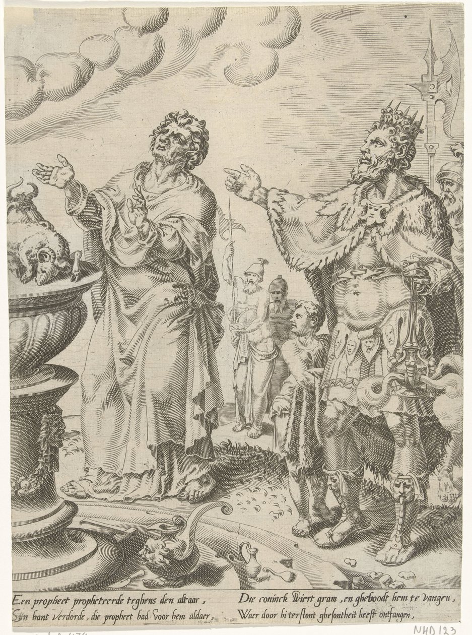 Król Jeroboam i mąż Boży przed ołtarzem Historia nieposłusznego człowieka Bożego (tytuł serii) autorstwa Dirck Volckertsz. Coornhert (attributed to)