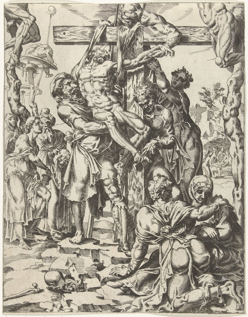 Zejście z krzyża Upadek i odkupienie ludzkości przez życie i mękę Chrystusa (tytuł serii) autorstwa Dirck Volckertsz. Coornhert (attributed to)