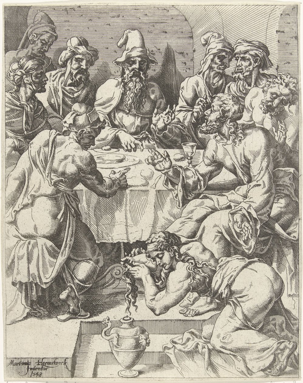 Maria Magdalena myje stopy Chrystusa Upadek i odkupienie ludzkości przez życie i mękę Chrystusa (tytuł serii) autorstwa Dirck Volckertsz. Coornhert (attributed to)