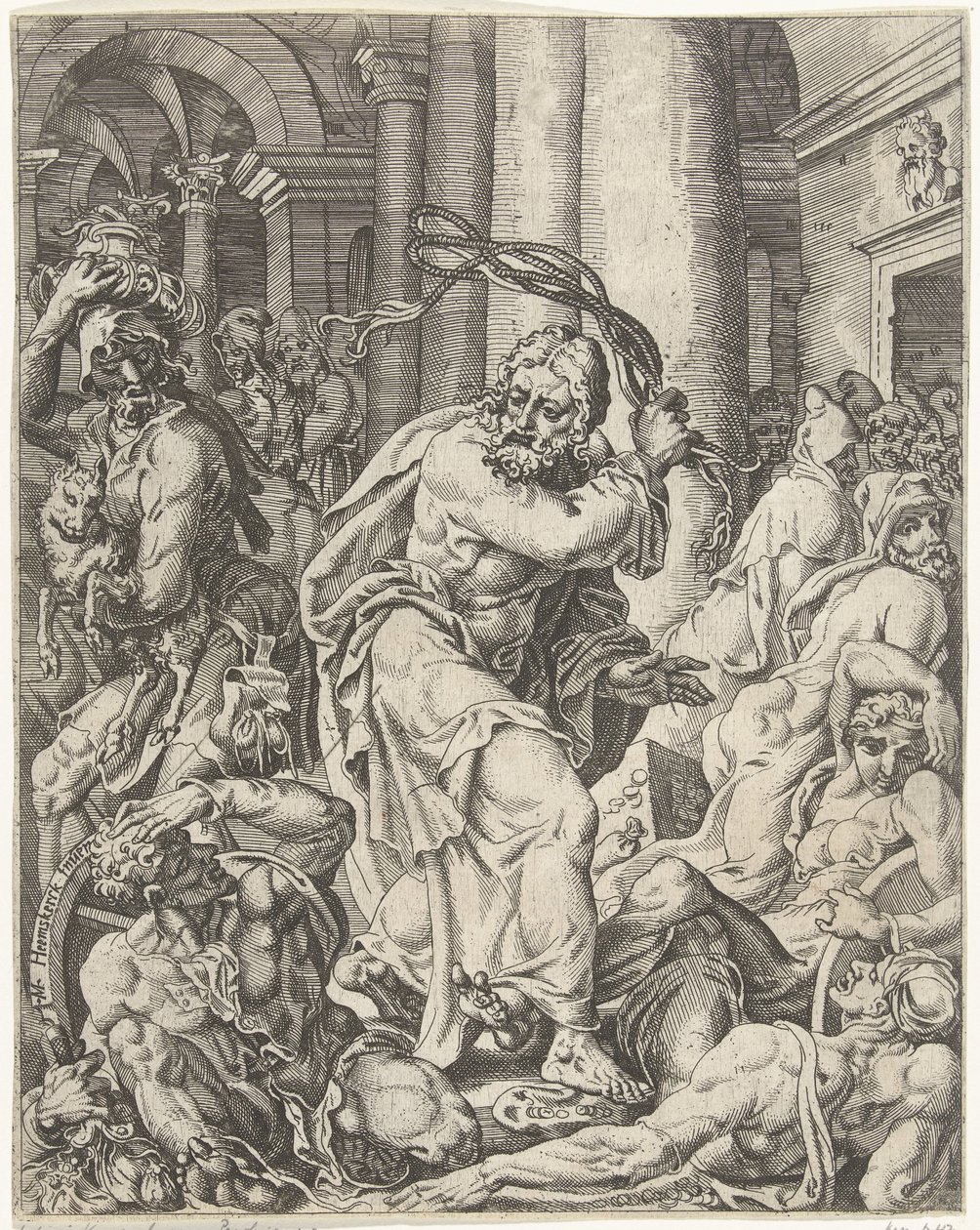 Wyrzucenie kantorów ze świątyni Upadek i odkupienie ludzkości przez życie i mękę Chrystusa (tytuł serii) autorstwa Dirck Volckertsz. Coornhert (attributed to)