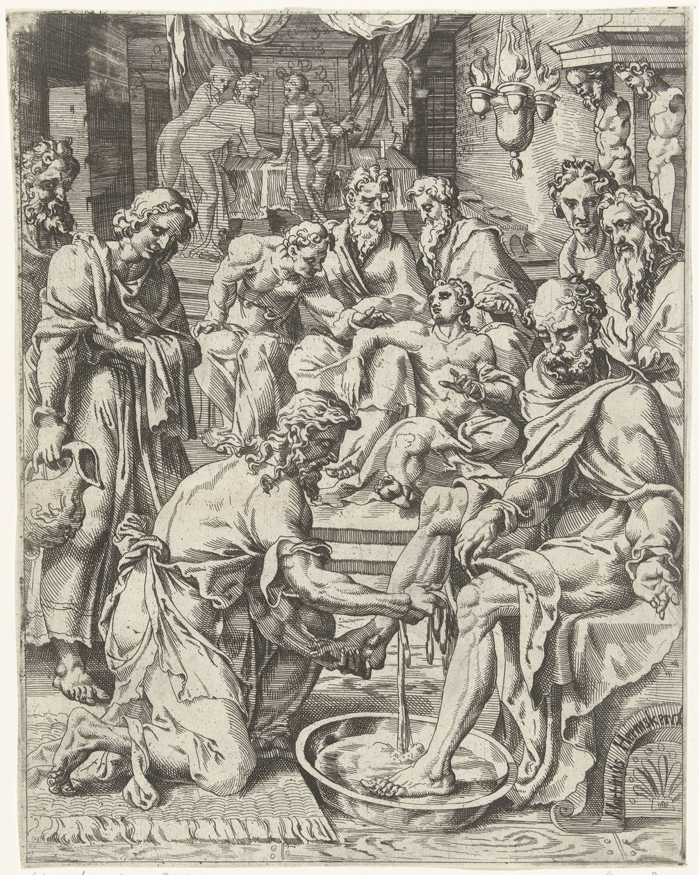 mycie stóp Upadek i odkupienie ludzkości przez życie i mękę Chrystusa (tytuł serii) autorstwa Dirck Volckertsz. Coornhert (attributed to)