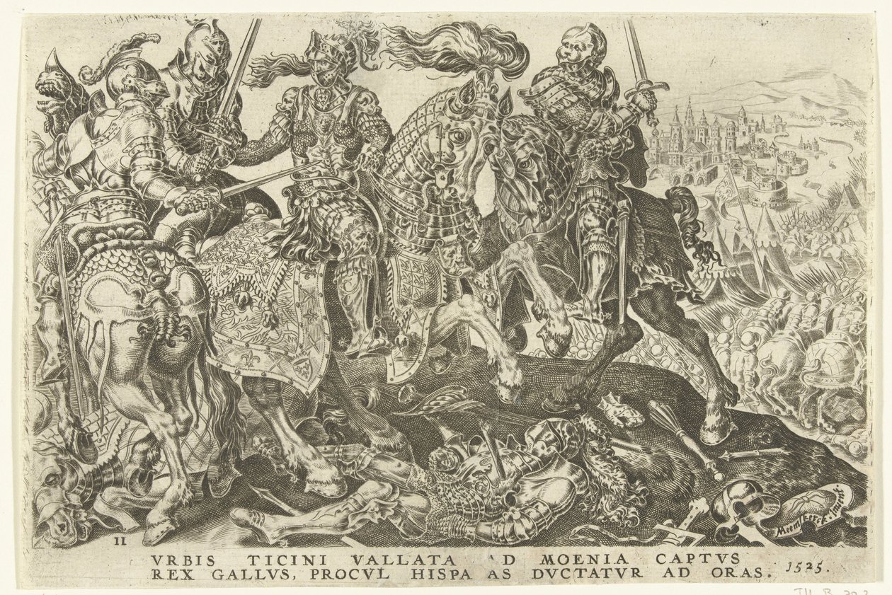Zdobycie Franciszka I w bitwie pod Pawią, 1525 Zwycięstwa Karola V (tytuł serii) Divi Caroli. v. imp. optować. max victoriae, ex multis praecipuae (tytuł serii) autorstwa Dirck Volckertsz. Coornhert (possibly)