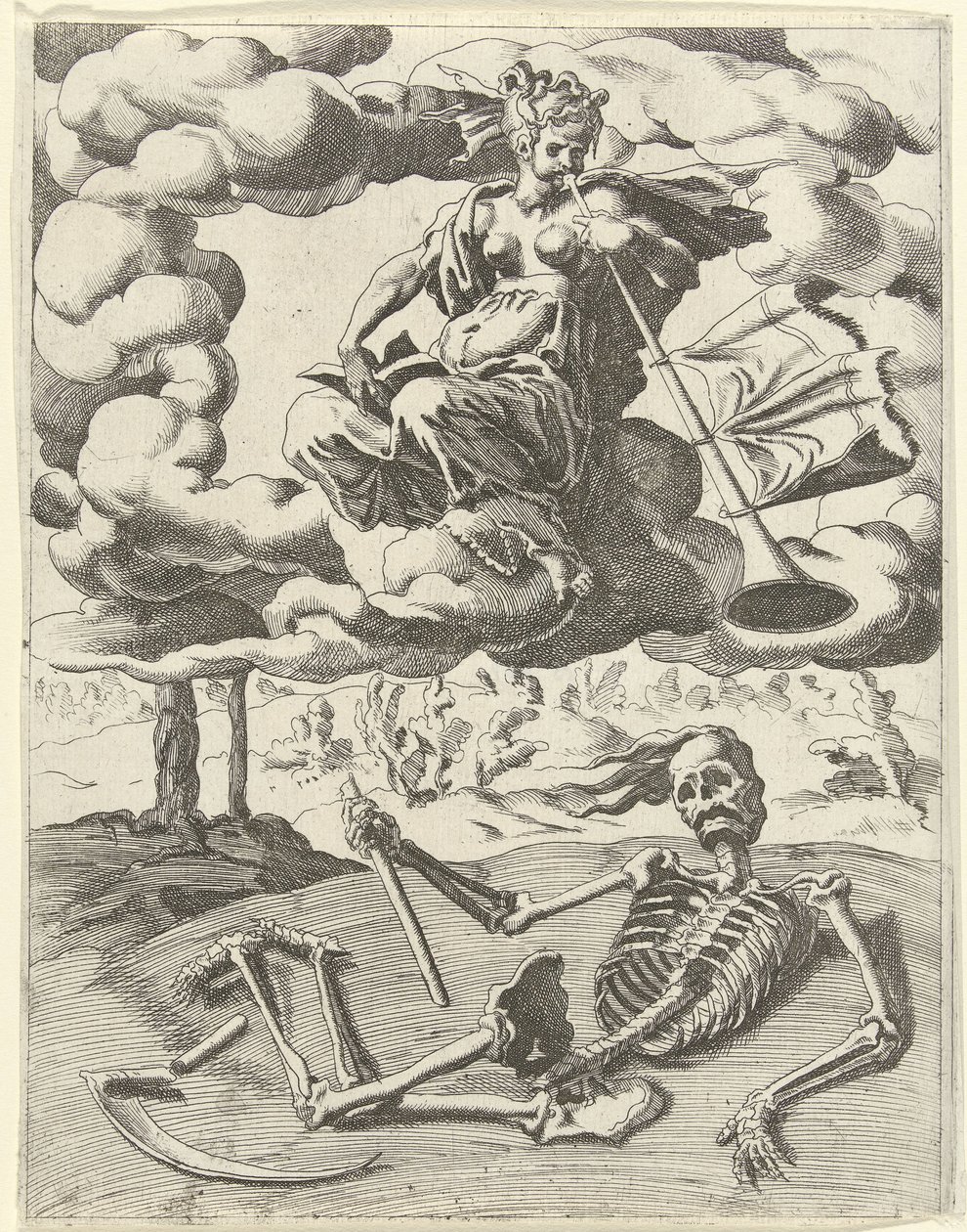 Sława zwycięża śmierć Triumfy Petrarki (tytuł serii) autorstwa Dirck Volckertsz. Coornhert (possibly)
