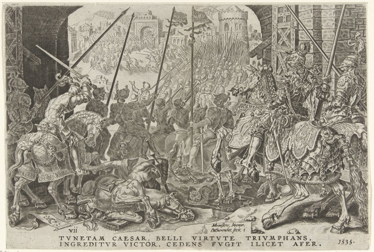 Imię van Tunis, 1535 Overwinningen van Karel V (tytuł serii) Karol Wielki V. imp. optować. max. zwycięstwo, najważniejsze z wielu (tytuł serii) autorstwa Dirck Volckertsz. Coornhert