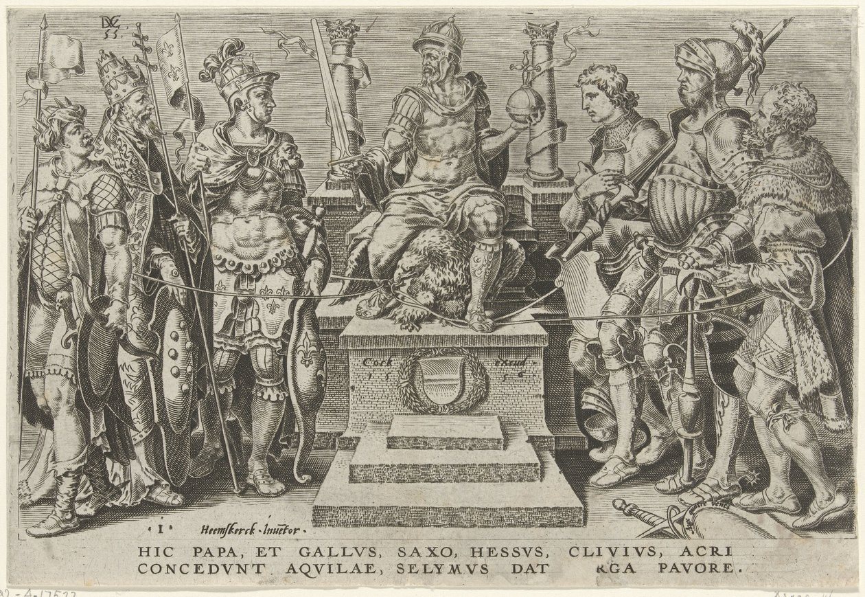 Cesarz Karol V otoczony pokonanymi przeciwnikami Zwycięstwa Karola V (tytuł serii) Divi Caroli. v. imp. optować. max victoriae, ex multis praecipuae (tytuł serii) autorstwa Dirck Volckertsz. Coornhert