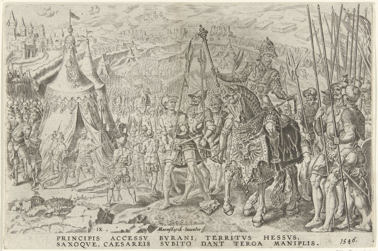 Obóz cesarski w Ingolstadt, 1546 Zwycięstwa Karola V (tytuł serii) Divi Caroli. v. imp. optować. max victoriae, ex multis praecipuae (tytuł serii) autorstwa Dirck Volckertsz. Coornhert