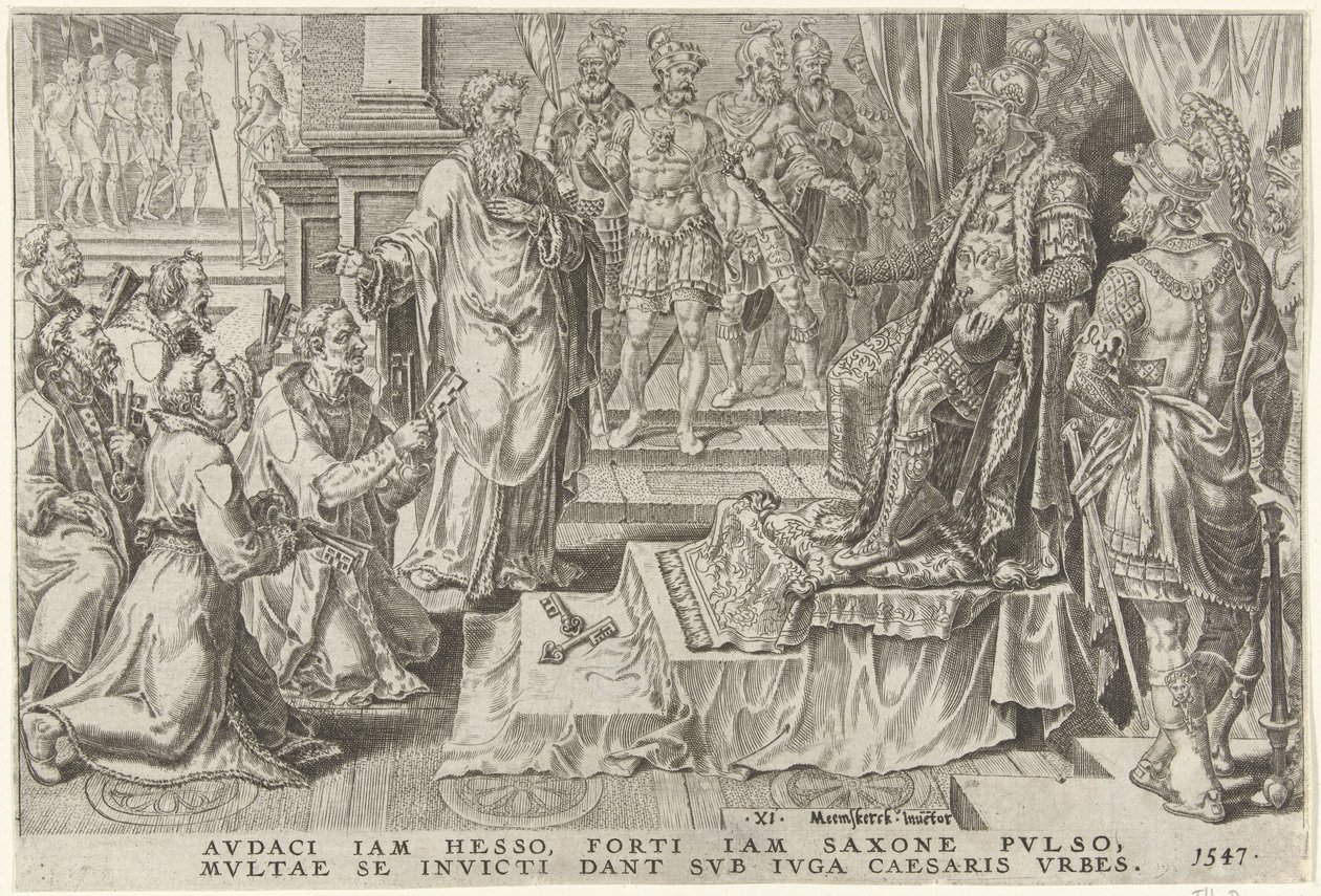 Zniewolenie sześciu miast niemieckich, 1547 Zwycięstwa Karola V (tytuł serii) Divi Caroli. v. imp. optować. max victoriae, ex multis praecipuae (tytuł serii) autorstwa Dirck Volckertsz. Coornhert