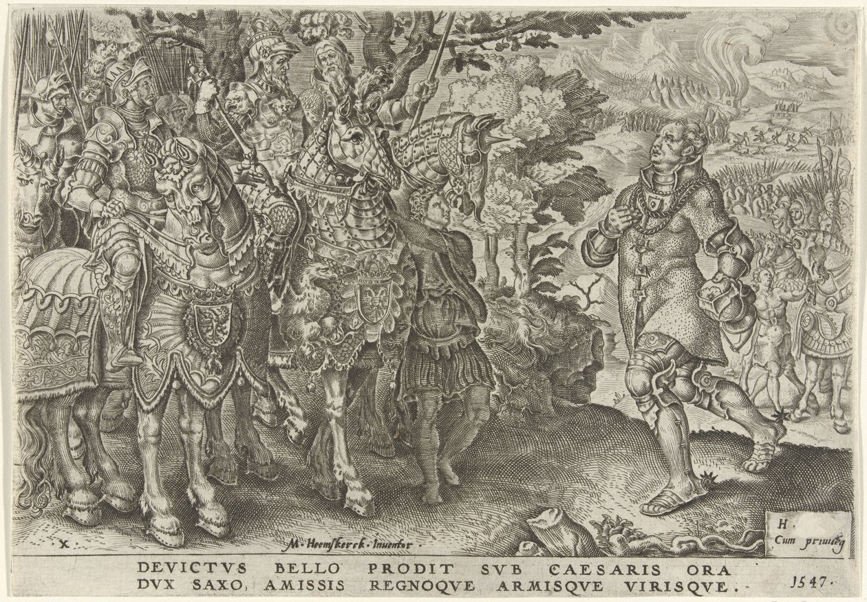 Kapitulacja księcia Saksonii na polu bitwy pod Mühlberg, 1547 Zwycięstwa Karola V (tytuł serii) Divi Caroli. v. imp. optować. max victoriae, ex multis praecipuae (tytuł serii) autorstwa Dirck Volckertsz. Coornhert