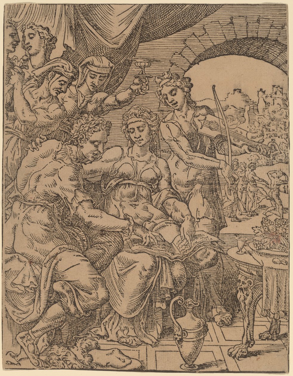 Syn marnotrawny trwoni swoje dziedzictwo na nierządnice autorstwa Dirck Volckertz Coornhert after Maerten van Heemskerck