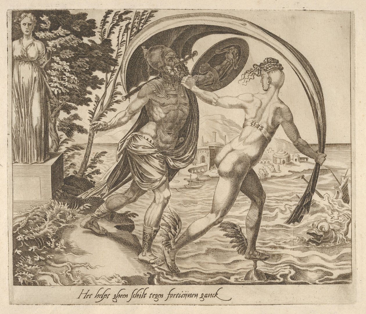 Tarcza na nic się nie przyda, gdy Fortuna odwraca się od Sześciu Przysłów o Fortunie, ca. 1560. autorstwa Dirck Volkertsen Coornhert