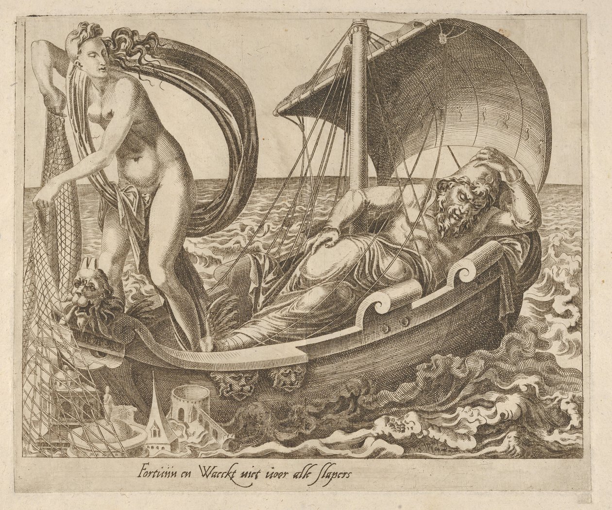 Fortuna nie czuwa nad wszystkimi śpiącymi z Sześciu powiedzeń o fortunie, ca. 1560. autorstwa Dirck Volkertsen Coornhert