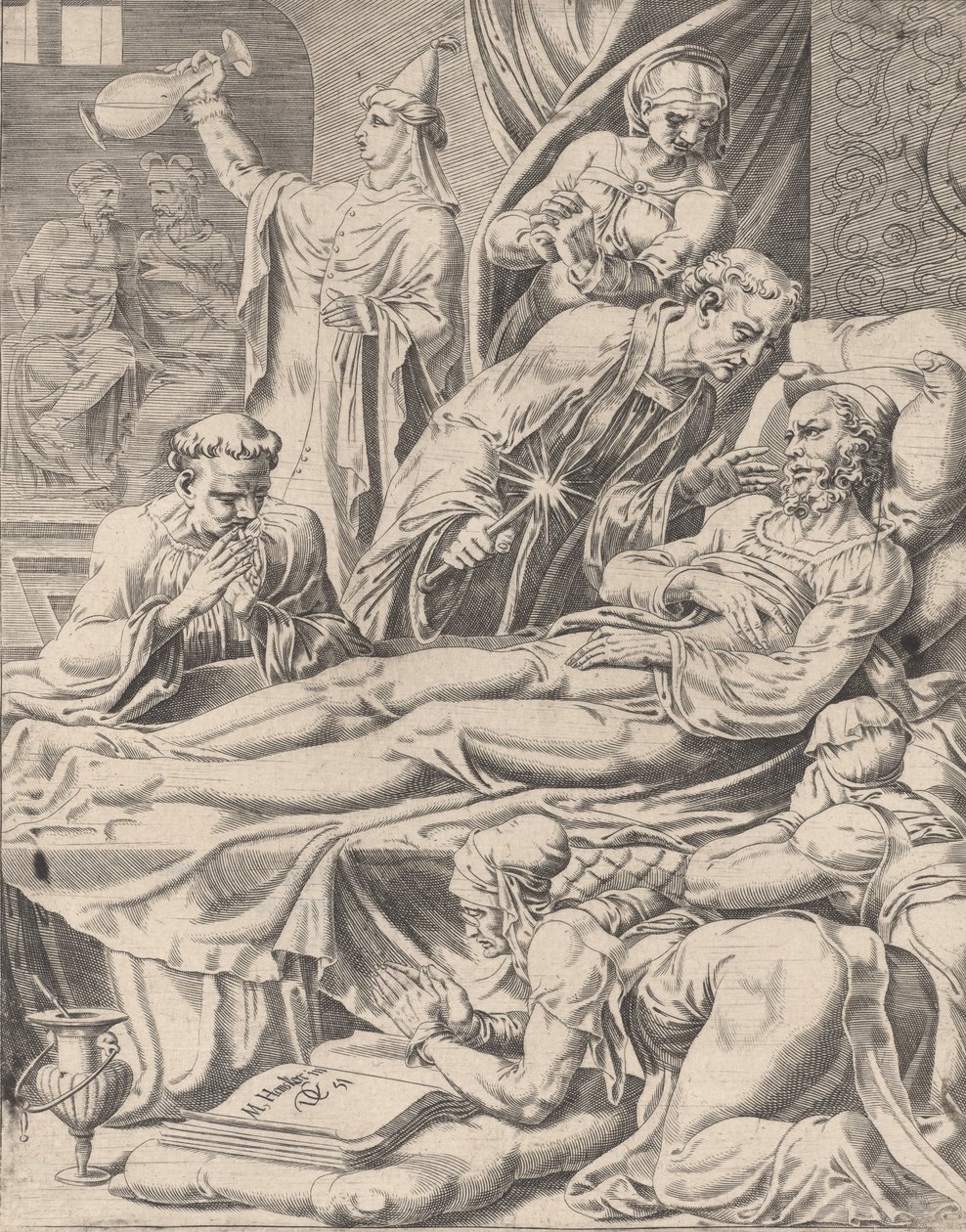 Bogacz na łożu śmierci, z Przypowieści o Łazarzu i bogaczu, tablica 2, 1551. autorstwa Dirck Volkertsen Coornhert