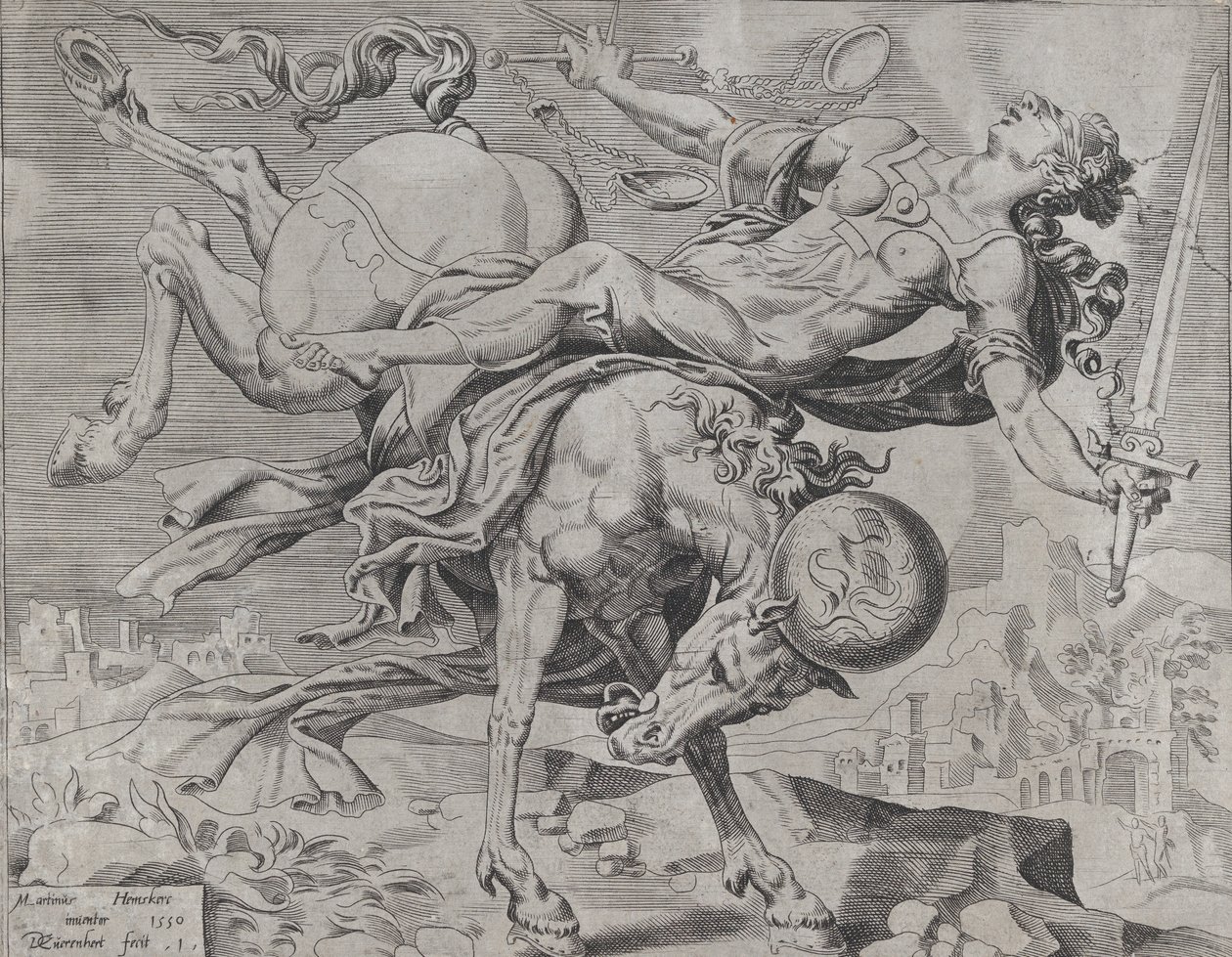 The World Disposing of Justice, z The Unrestrained World, tablica 1, 1550. autorstwa Dirck Volkertsen Coornhert