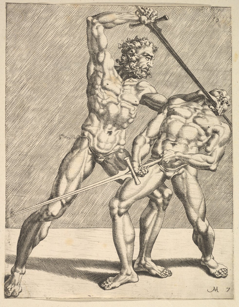 Dwóch Szermierzy, od Szermierzy, tablica 7, 1552 autorstwa Dirck Volkertsen Coornhert