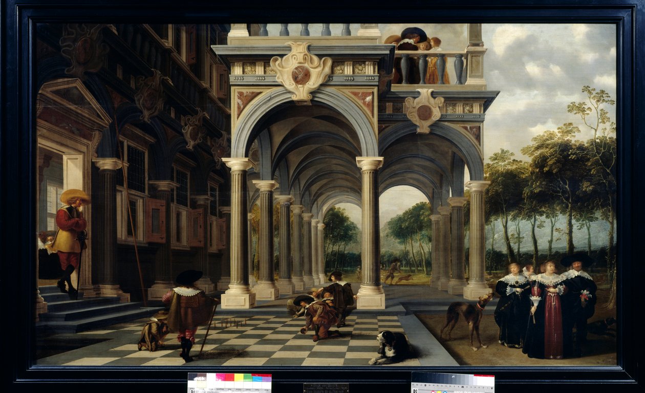 Gracze w kręgle Gra w kręgle na podłodze w szachownicę. Obraz Dirka Van Delena (1605-1671) autorstwa Dirck van Delen