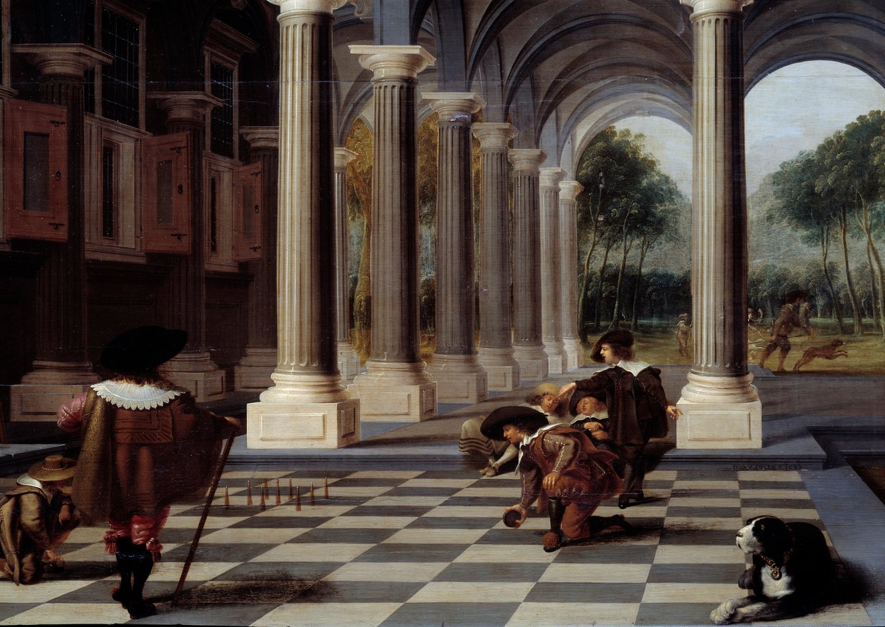 Skitel Players Gra w kręgle na podłodze w szachownicę. Szczegół. Obraz Dircka Van Delena (1605-1671) autorstwa Dirck van Delen