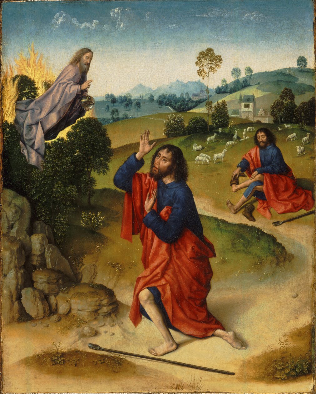 Mojżesz i gorejący krzew, z Mojżeszem zdejmującym buty, ok. 1465 autorstwa Dirk Bouts