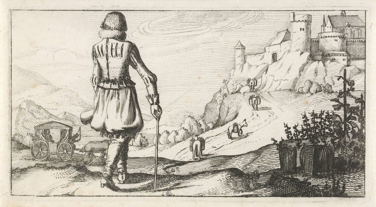 Mężczyzna w przeszywanicy w górskim krajobrazie Stroje holenderskie damskie i męskie, 1622 (tytuł serii) autorstwa Dirk Eversen Lons