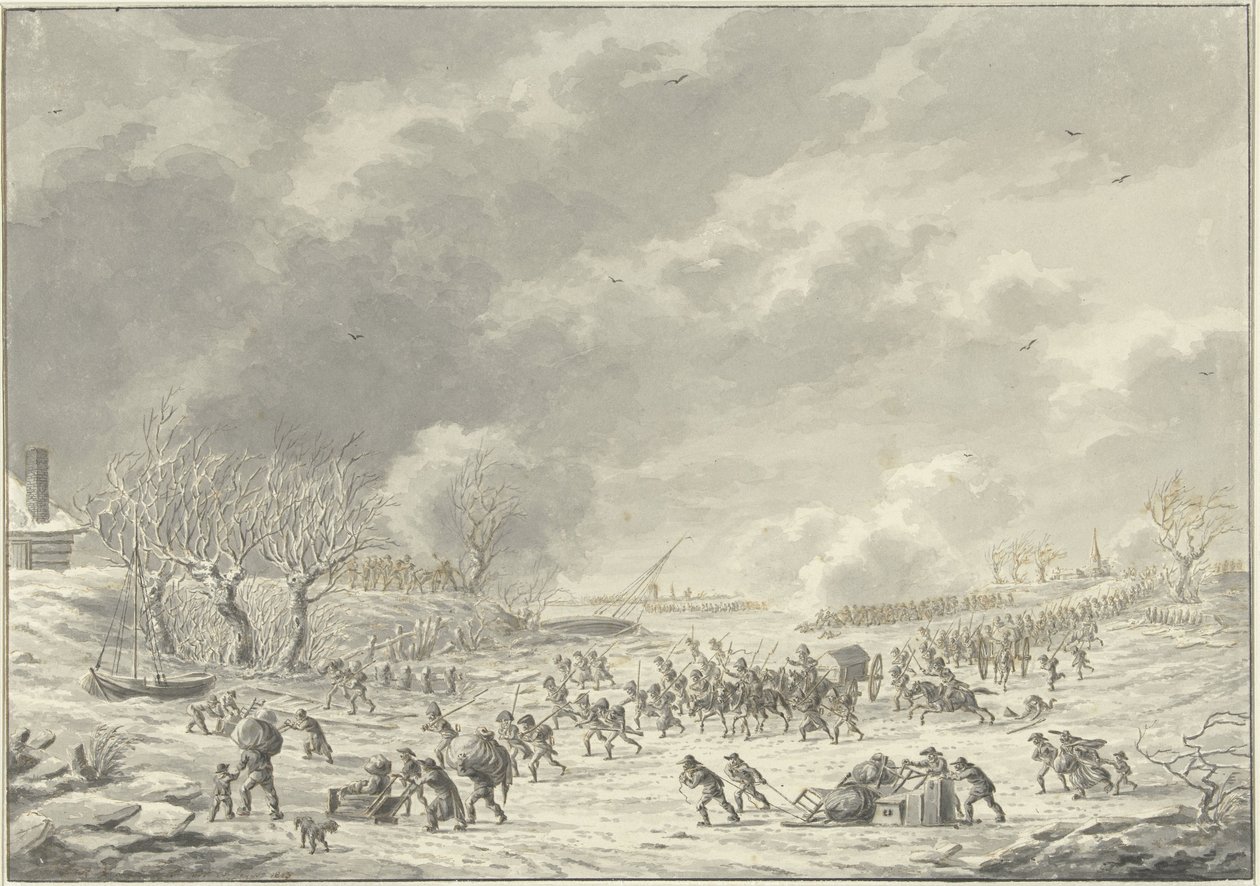 Francuzi przechodzą przez Waal w pobliżu Bommel, styczeń 1795 autorstwa Dirk Langendijk