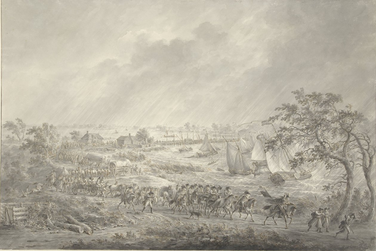 Przeprawa wojsk angielskich i hanowerskich z Nijmegen do Wielkiego Postu przez most na rzece Waal, 7 listopada 1794 autorstwa Dirk Langendijk