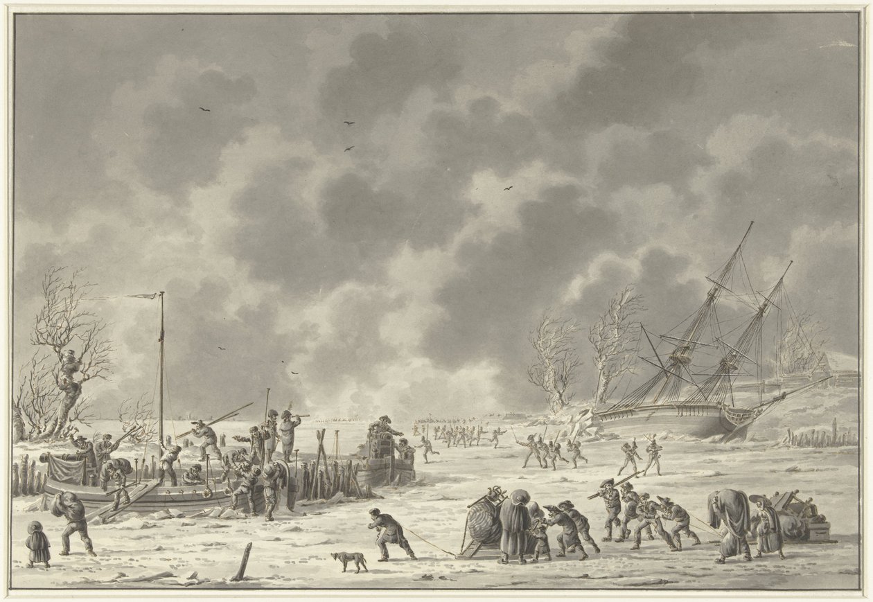 Loty Landzaten w Texel, styczeń 1795 Opuszczenie kanonika Bootena i Vlugta Landzaaten w grudniu 1794 r. (tytuł na obiekcie) autorstwa Dirk Langendijk