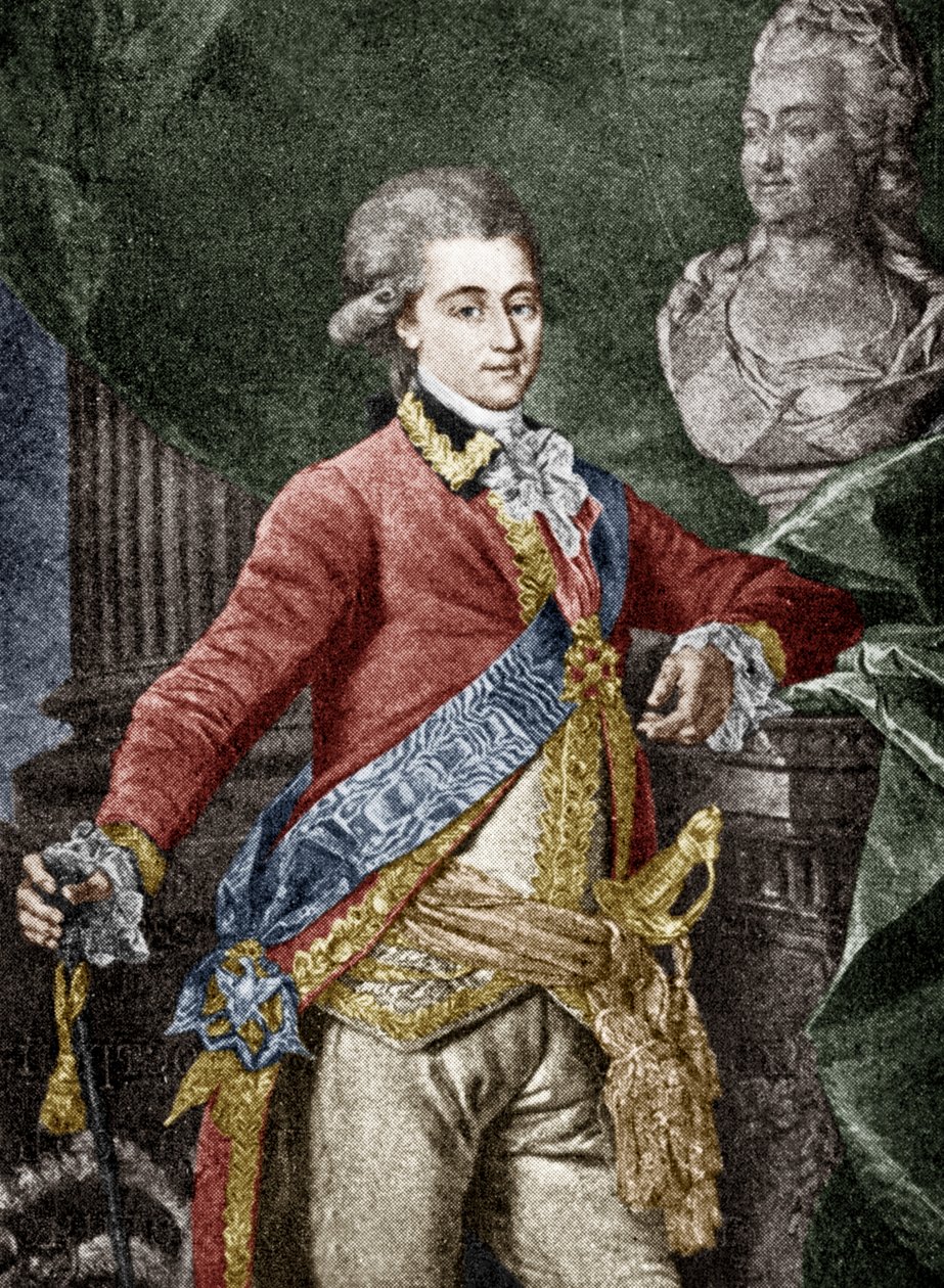 Aleksander Dmitriewicz Łanskoj (1758-1784), rosyjski wojskowy, kochanek Katarzyny II Rosyjskiej, rycina kolorowanego dokumentu autorstwa Dmitri Grigor