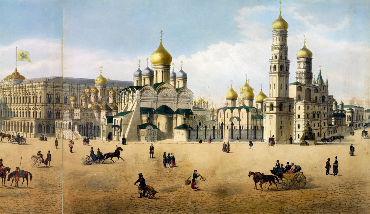 Sobory Zwiastowania i Archanioła, z panoramy Moskwy, rytowane przez Philippe Benoist 1813-c.1905 i Aubrun, wyd. przez Lemercier litho detal z 105099 autorstwa Dmitri Indieitzeff