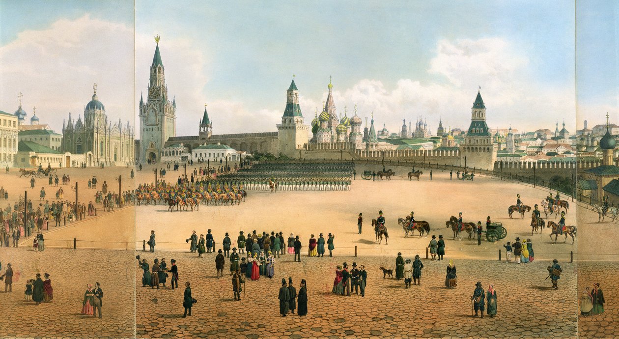 Katedra św. Bazylego widziana z Kremla, z panoramy Moskwy, rytowana przez Philippe Benoist 1813-c.1905 i Aubrun, wyd. Lemercier, ok. 1840, detal lito z 105095 autorstwa Dmitri Indieitzeff