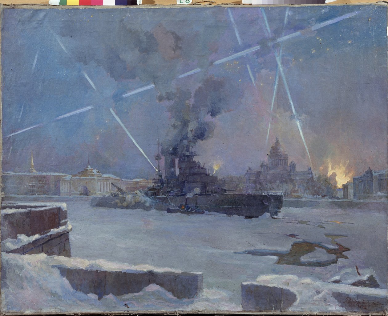 Ciężka artyleria nad Newą w Leningradzie (Sankt Petersburg, Rosja) w 1942 r. (kirys na zamarzniętej rzece broni płonącego miasta przed atakami powietrznymi podczas oblężenia Leningradu). Epizod II wojny światowej (1939-1945). Malarz autorstwa Dmitri Nikiforovich Martynov