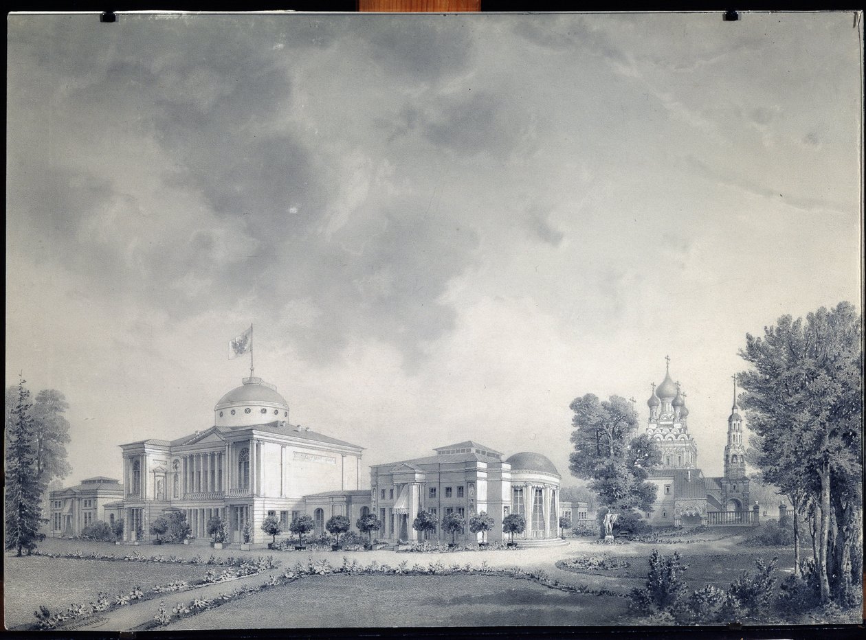 Widok na Pałac Ostankino, Moskwa (Widok na Pałac Ostankino) - Praca Dmitrija Nikiforovicha Martynova (1826-1889), ołówek na papierze autorstwa Dmitri Nikiforovich Martynov