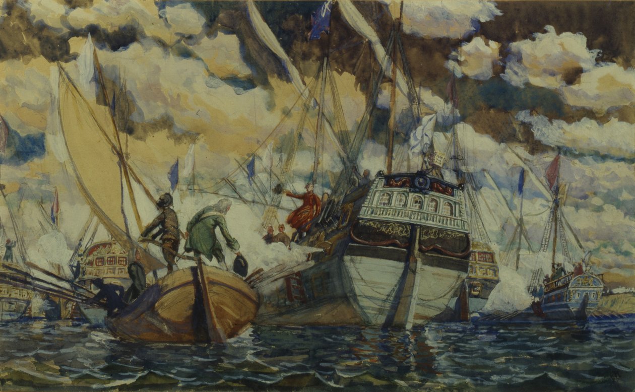 Piotra I i Leforta. Flota Piotra I na jeziorze Pleshcheyevo, 1927 autorstwa Dmitri Nikolayevich Kardovsky