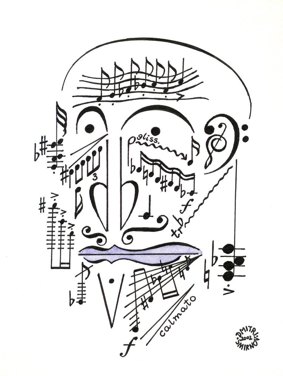 Dr Musicus - twarz narysowana przy użyciu notacji muzycznej autorstwa Dmitri Smirnov
