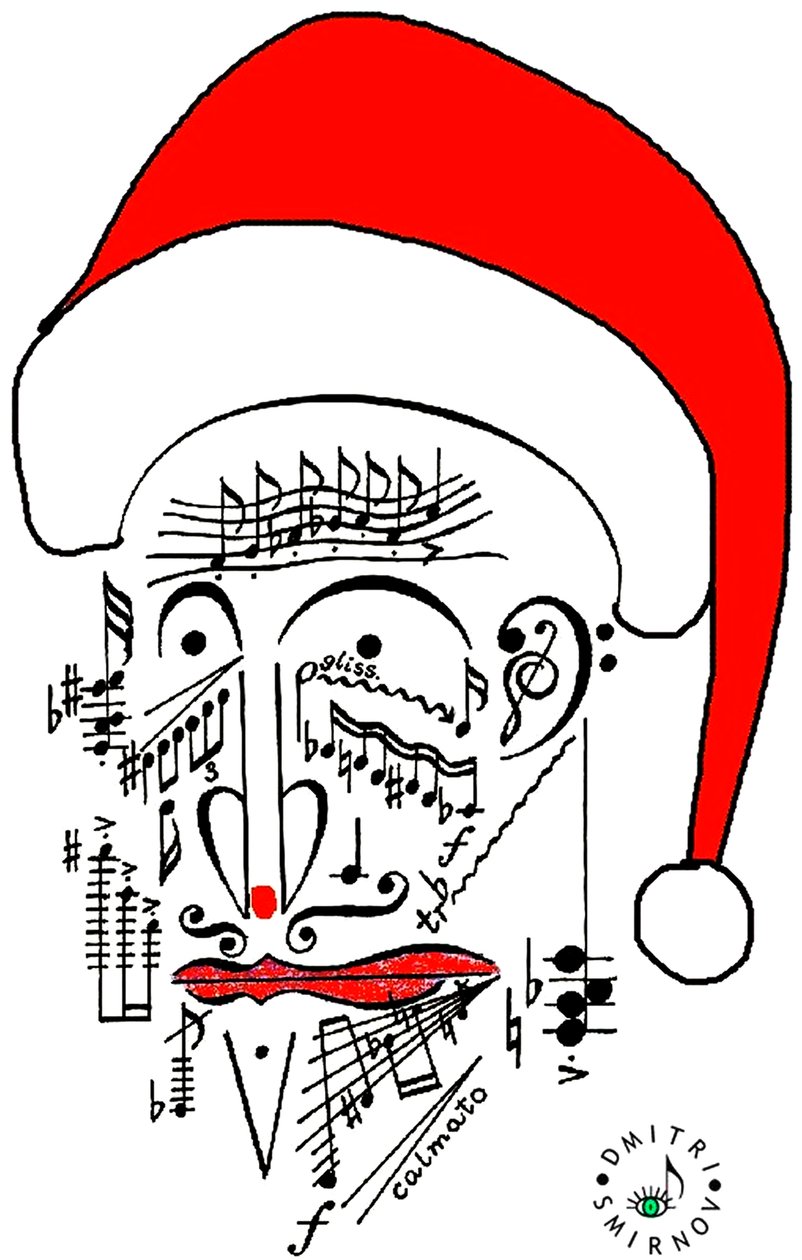 Musical Santa - głowa Świętego Mikołaja - Ojciec Święty narysowany przy użyciu zapisu muzycznego i noszący czerwoną czapkę autorstwa Dmitri Smirnov