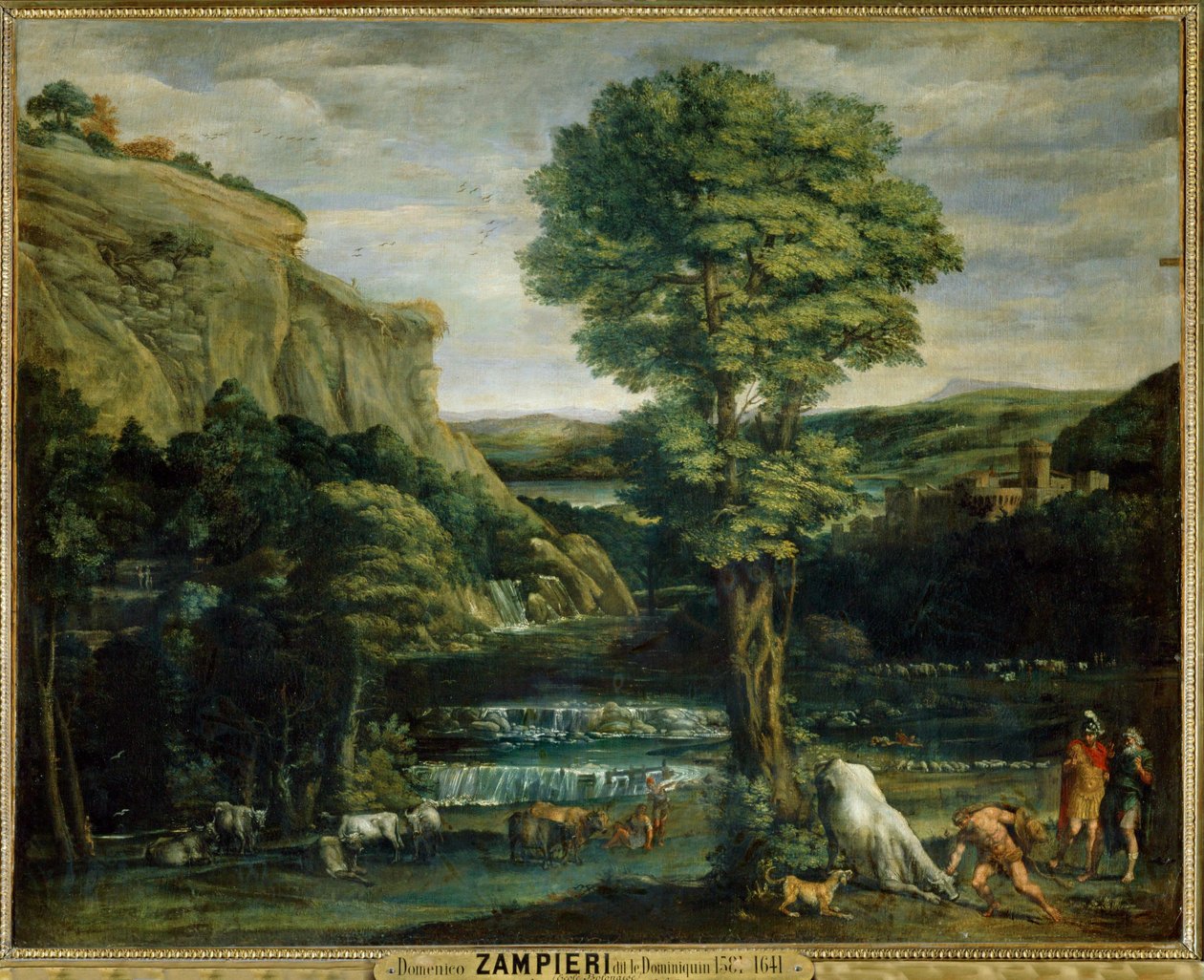 Paysage avec Hercules combattant Achelaos change en toreau - Krajobraz z Herkulesem walczącym z Achelaosem zmienionym w byka ... autorstwa Domenichino (1581 1641)
