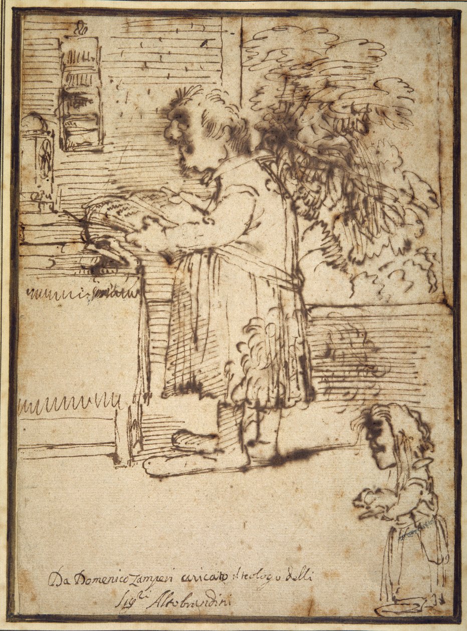 Karykatura teologa Aldobrandini, z karzełką trzymającą psa (pióro i atrament na papierze) autorstwa Domenichino