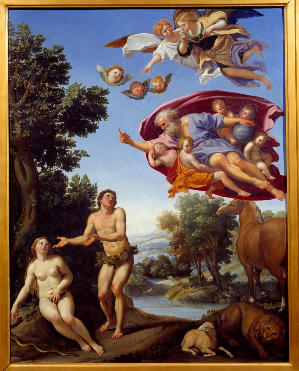 Bóg gani Adama i Ewę Obraz Domenico Zampieri (Dominiquin) 1625 nd. 0,95x0,75 m Grenoble, muzeum Sztuk Pięknych autorstwa Domenichino