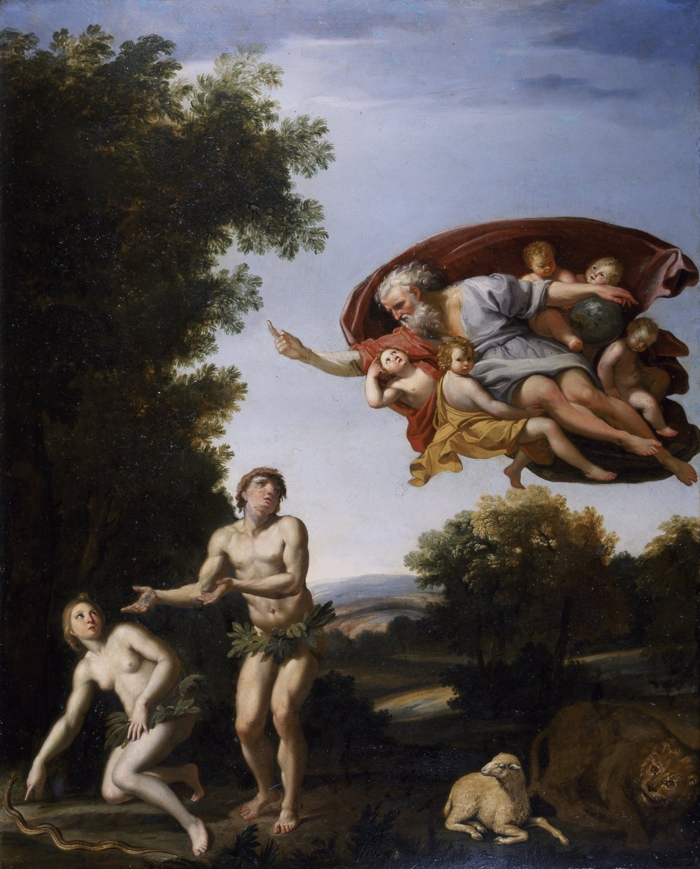 Wypędzenie Adama i Ewy (olej na płótnie) autorstwa Domenichino