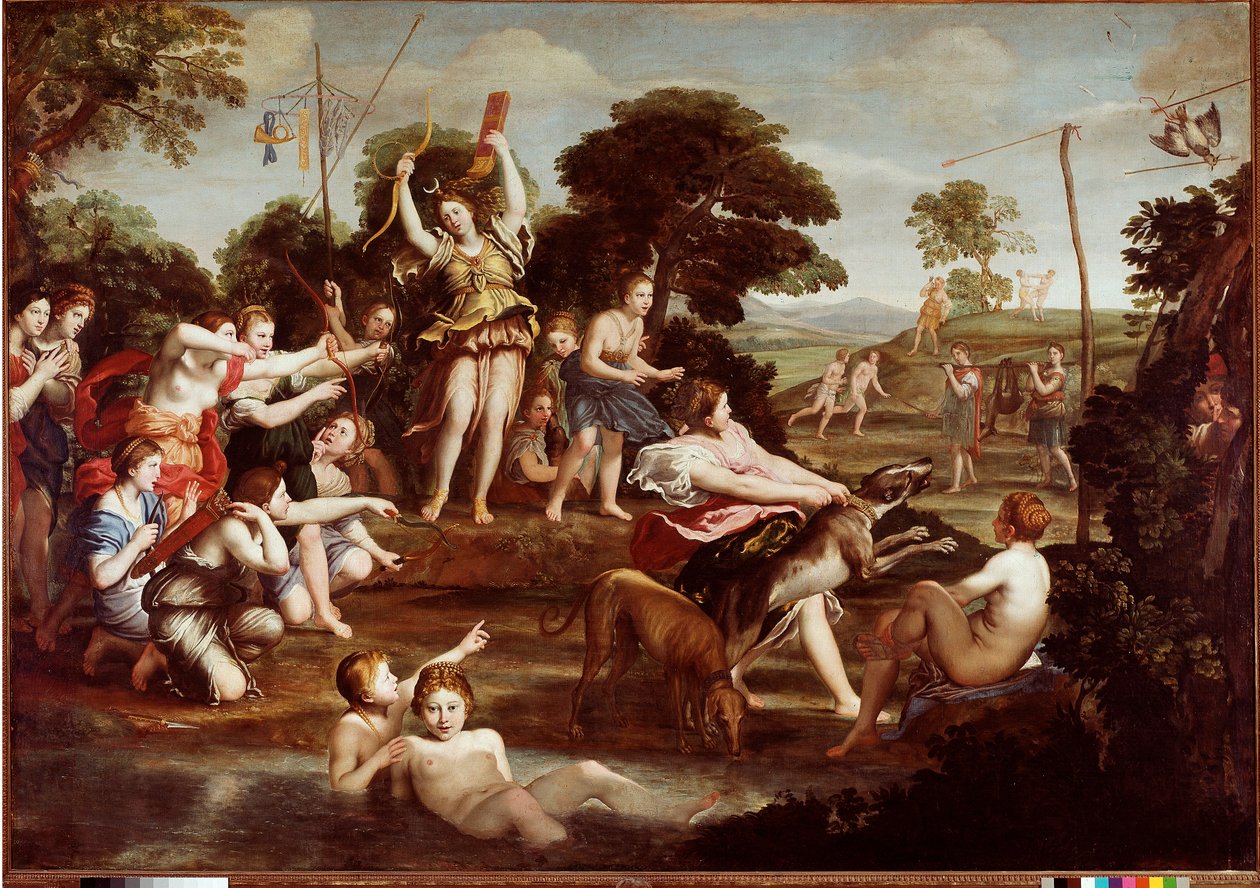 Polowanie na Dianę Obraz Domenico Zampieri dit Il Domenichino (1581-1641) 1617 wym.218x312 cm Rzym Galleria Borghese - Polowanie na Dianę, autorstwa Domenico Zampieriego vel Il Domenichino (1581-1641). Olej na płótnie, 218x312 cm autorstwa Domenichino