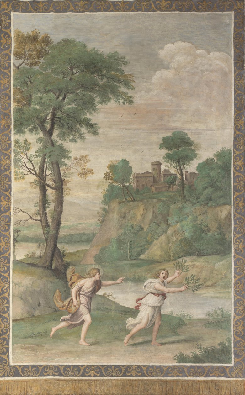 Apollo ściga Daphne Fresco z Willi Aldobrandini, 1617-1618 autorstwa Domenichino