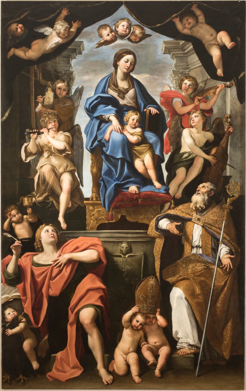 Dziewica z Dzieciątkiem ze świętymi Petroniuszem i Janem Ewangelistą, 1625-1629. autorstwa Domenichino