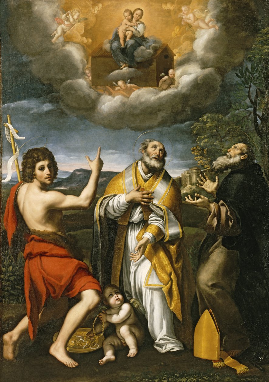 Madonna z Loreto ukazująca się św. Janowi Chrzcicielowi, św. Eligiuszowi i św. Antoniemu Opatowi, ok. 1618-1620 autorstwa Domenichino