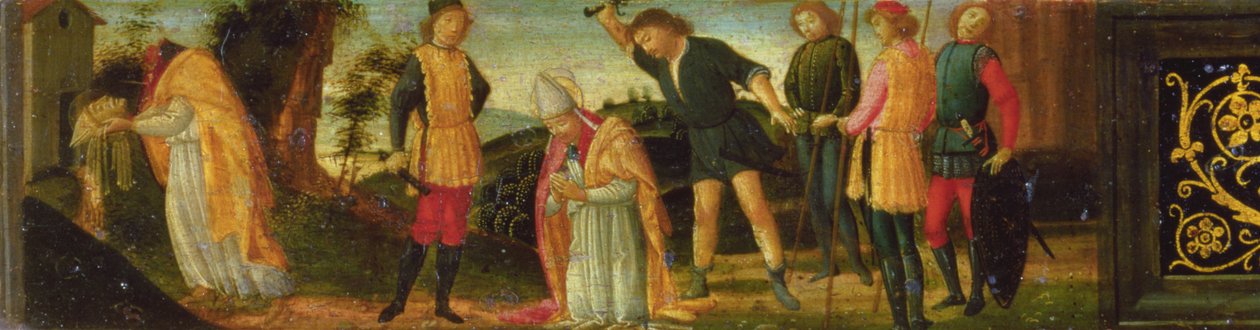 Męczeństwo św. Denisa (Dionizego) z Paryża, fragment panelu predella przedstawiający sceny z życia świętych z ołtarza Madonny z Dzieciątkiem intronizowanym ze świętymi (panel) autorstwa Domenico Ghirlandaio