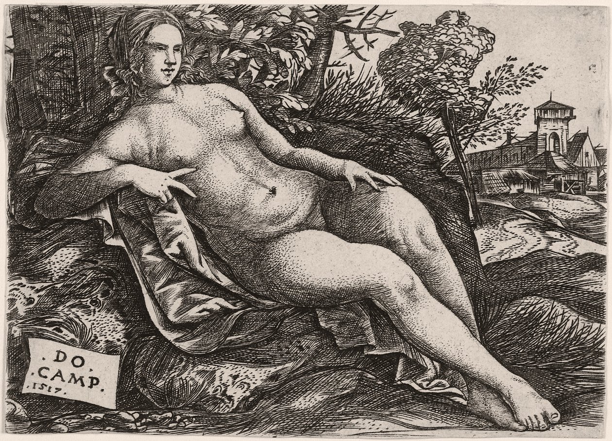 Wenus leżąca w krajobrazie, c. 1517 autorstwa Domenico Campagnola