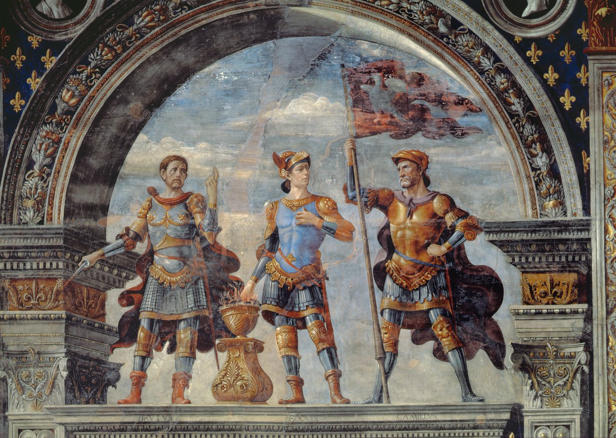 Brutus, Mucius Scaevola i Furio Camillo, detal z fresku w Sala dei Gigli, ok. 1470 r. autorstwa Domenico Ghirlandaio