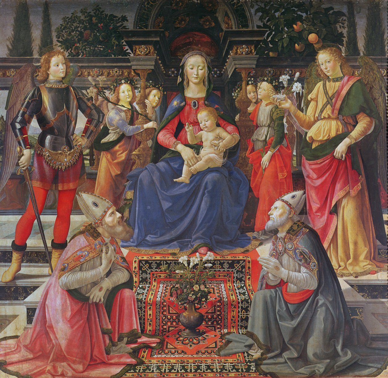 Madonna z Dzieciątkiem z Św. Justus, Zenobius i Archaniołowie Michał i Rafael, ok. 1484 (tempera na panelu) autorstwa Domenico Ghirlandaio