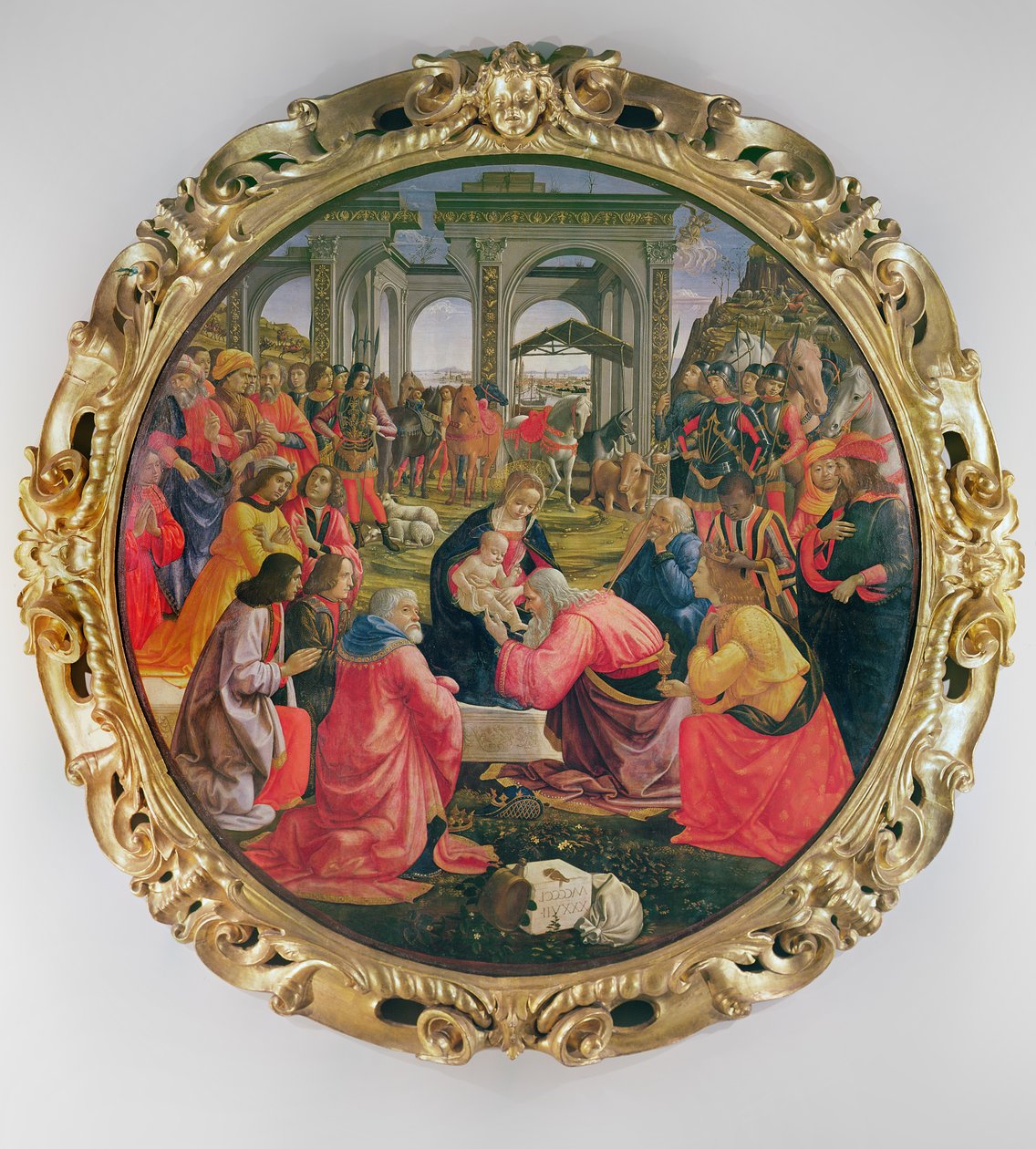 Pokłon Trzech Króli (z ramą częściową), 1487 (olej na drewnie) autorstwa Domenico Ghirlandaio