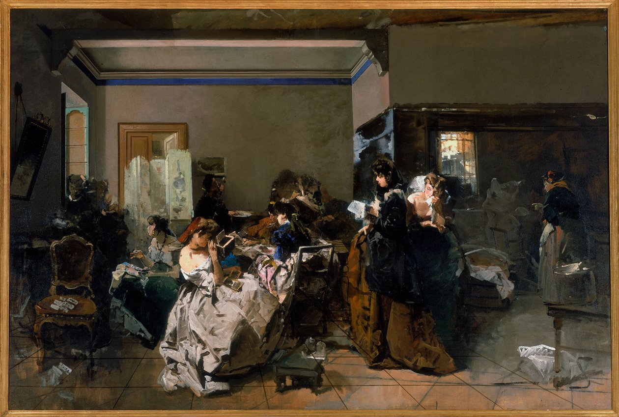 Malowanie warsztatu, w którym pracują młode krawcowe, 1858-60 autorstwa Domenico Induno