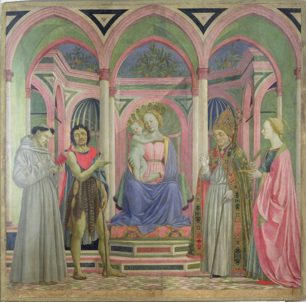 Dziewica z Dzieciątkiem w otoczeniu św. Łucji, św. Mikołaja, św. Jana Chrzciciela i św. Franciszka, ok. 1445-47 (tempera na desce) autorstwa Domenico Veneziano