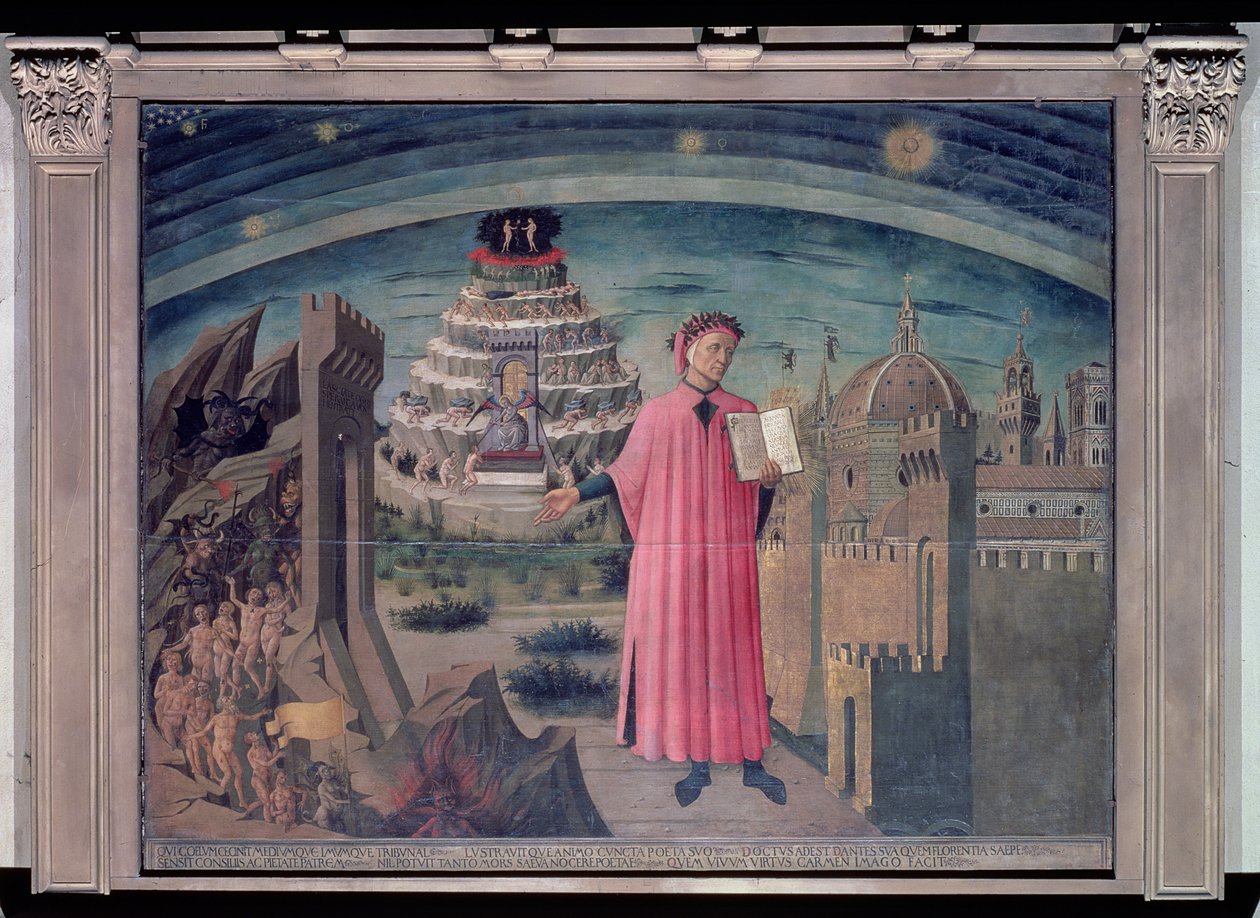 Dante i jego wiersz „Boska komedia”, 1465 (tempera na panelu) autorstwa Domenico di Michelino